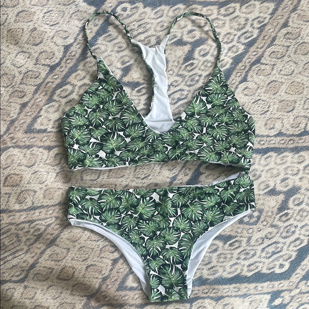 Green Leaf Print Bikini Set